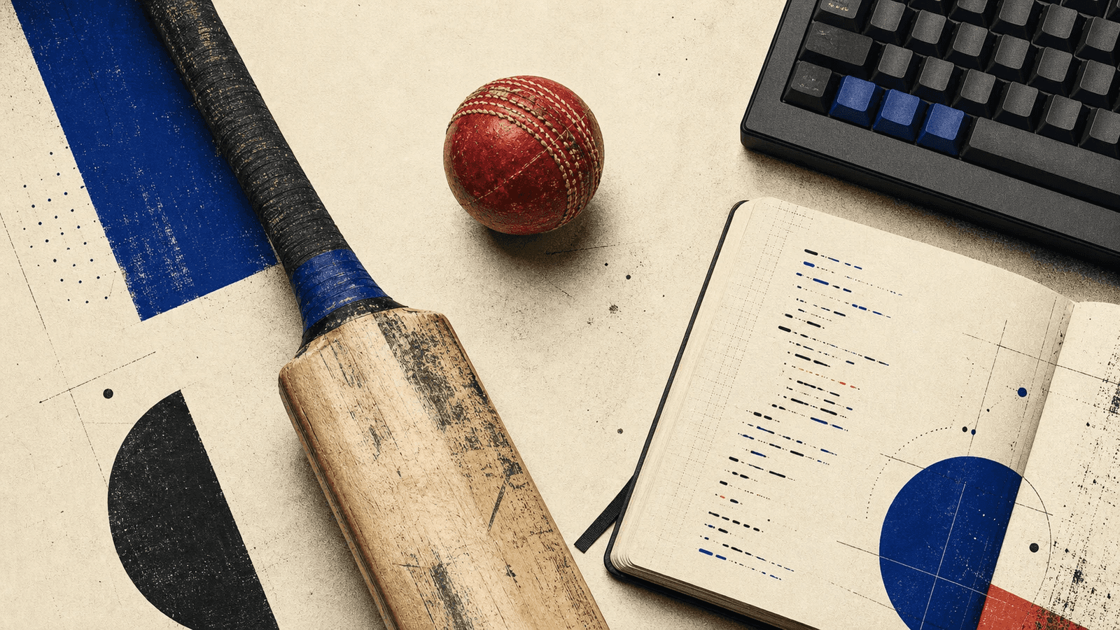 Editorial still life pairing a cricket bat and ball with a coding instrument to contrast access with practiced craft