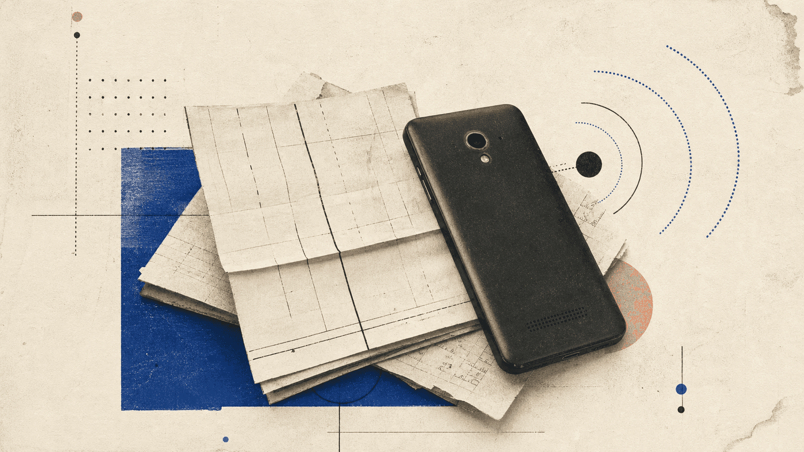 Editorial still life of a period mobile phone, agricultural market sheets, and radio and SMS motifs