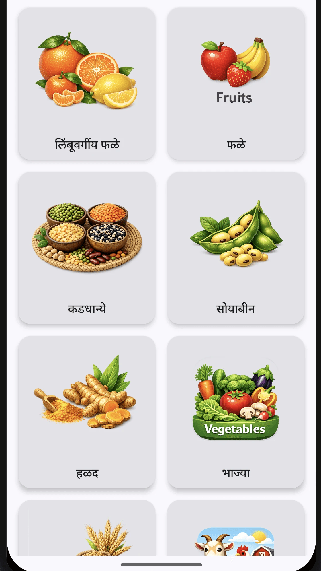 Cropped Krishi AI knowledge-library screen showing agricultural categories in Marathi