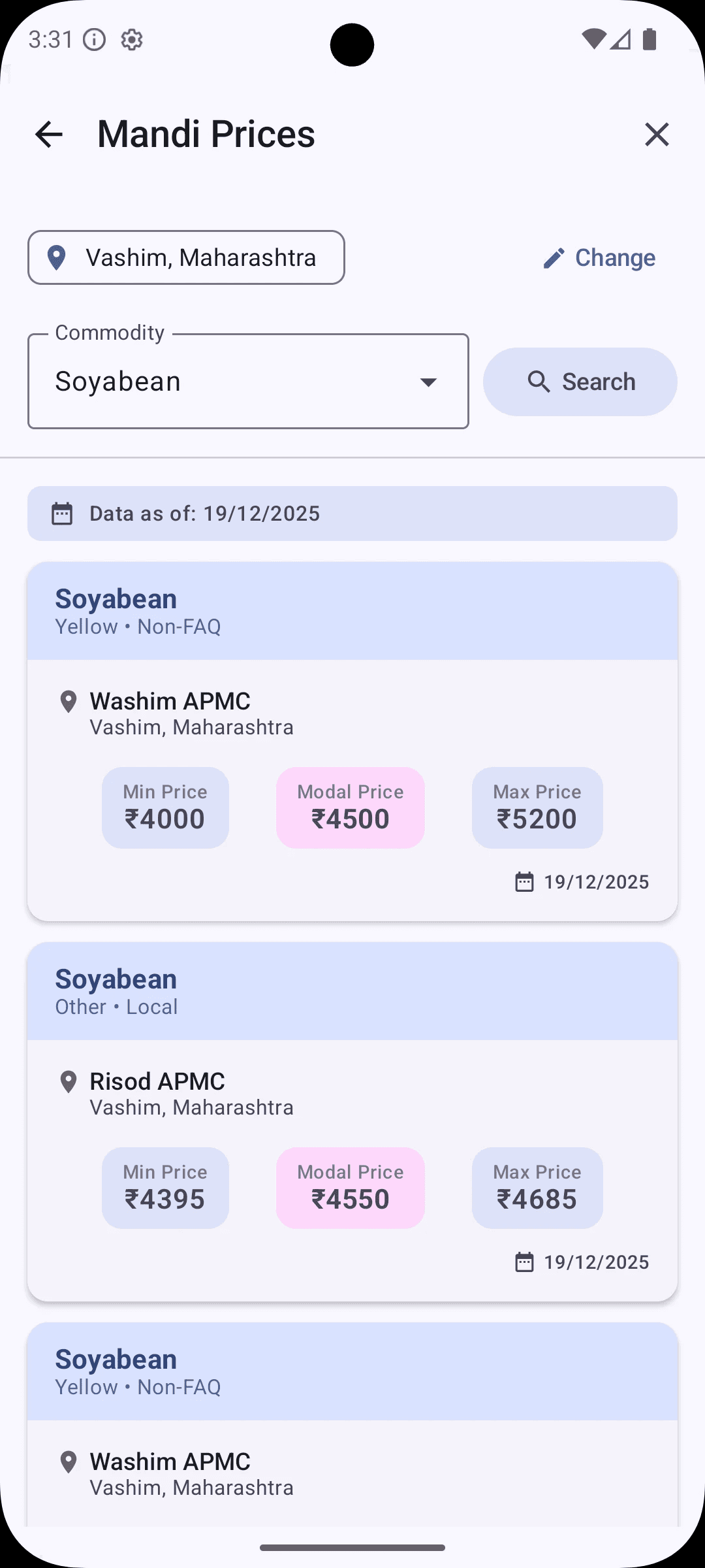 Krishi AI mandi-price screen showing soybean market results for public APMC locations