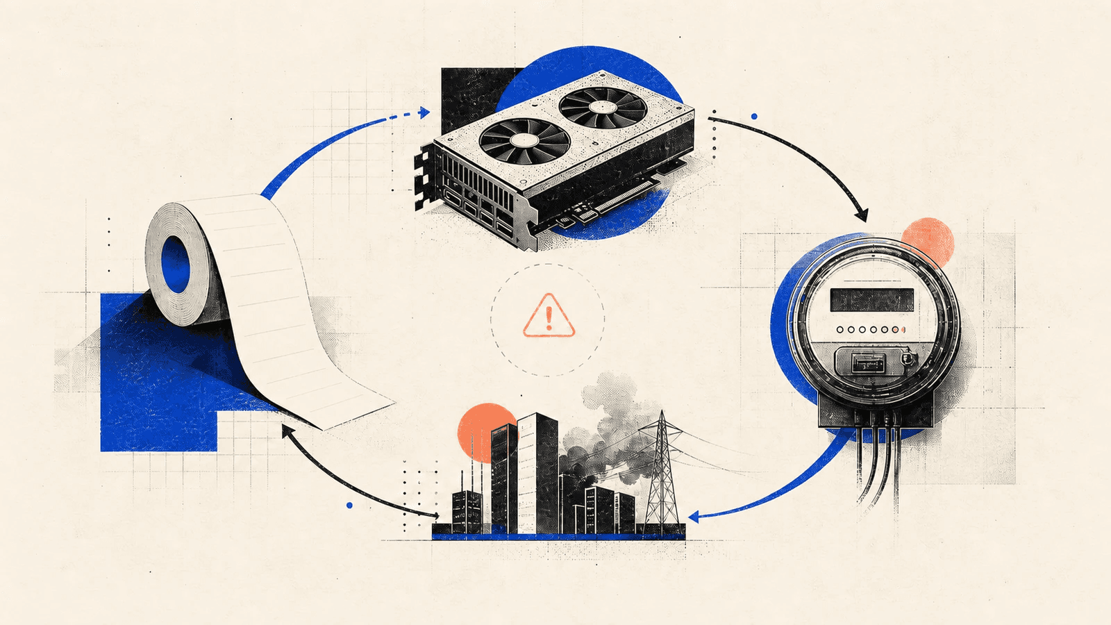 Editorial still life of a GPU meter, blank receipt, and looping cable representing total-system AI cost