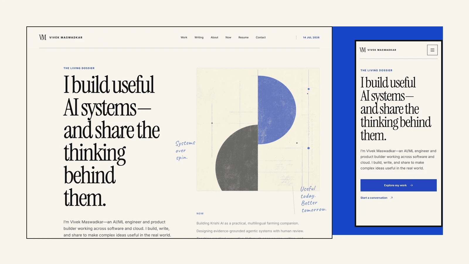 Real desktop and mobile captures of Vivek Maswadkar's chapter-led personal portfolio