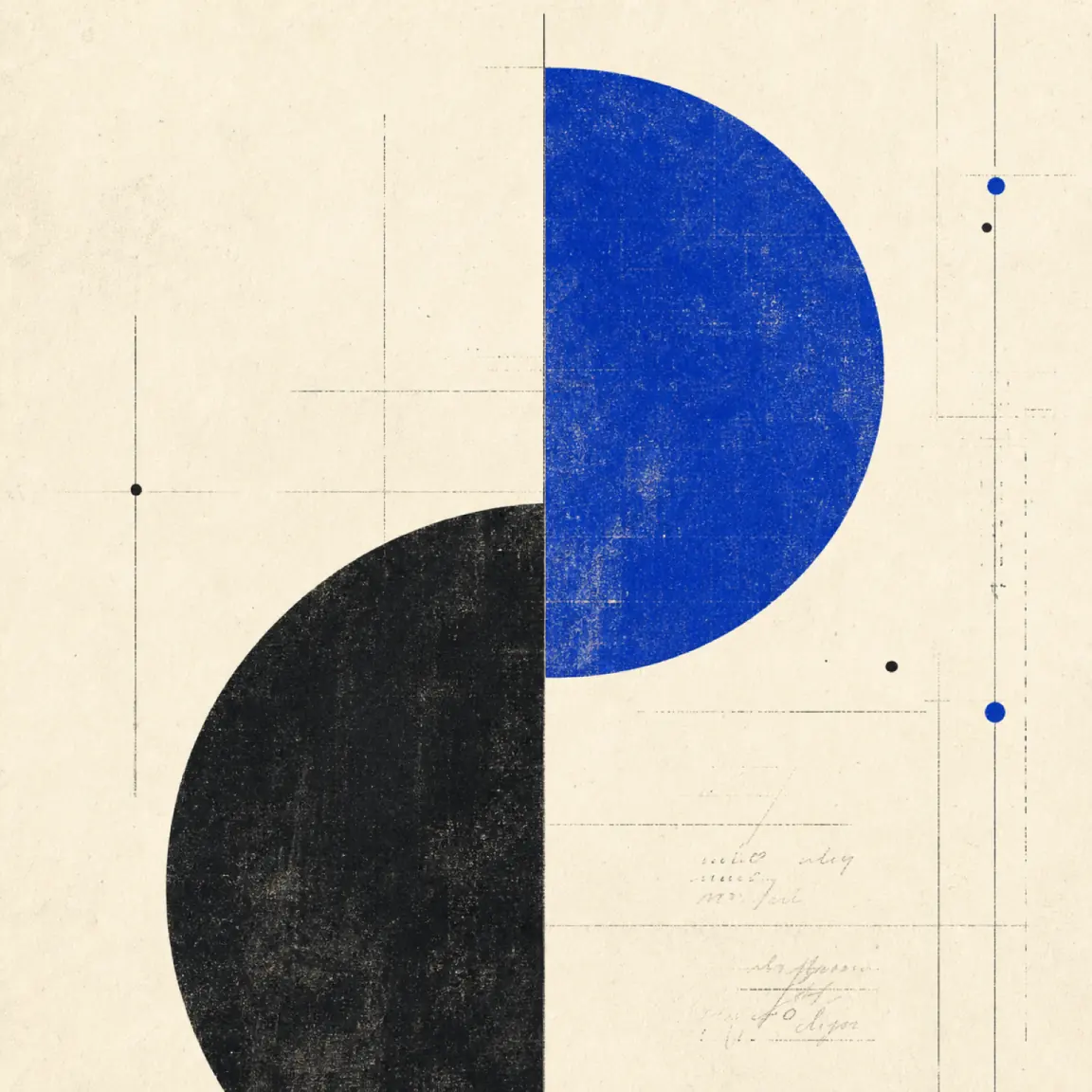 Abstract ultramarine and black geometric print on textured ivory paper
